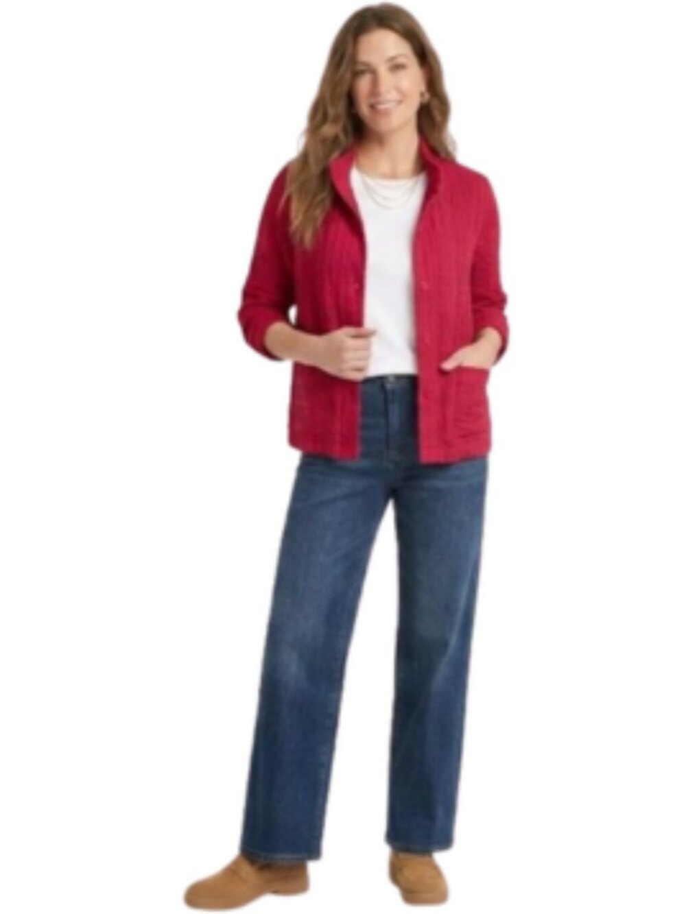 Chico’s Red Jacket or Top Mandarin Style Textured Button Up, Size 3 (XL or 16)